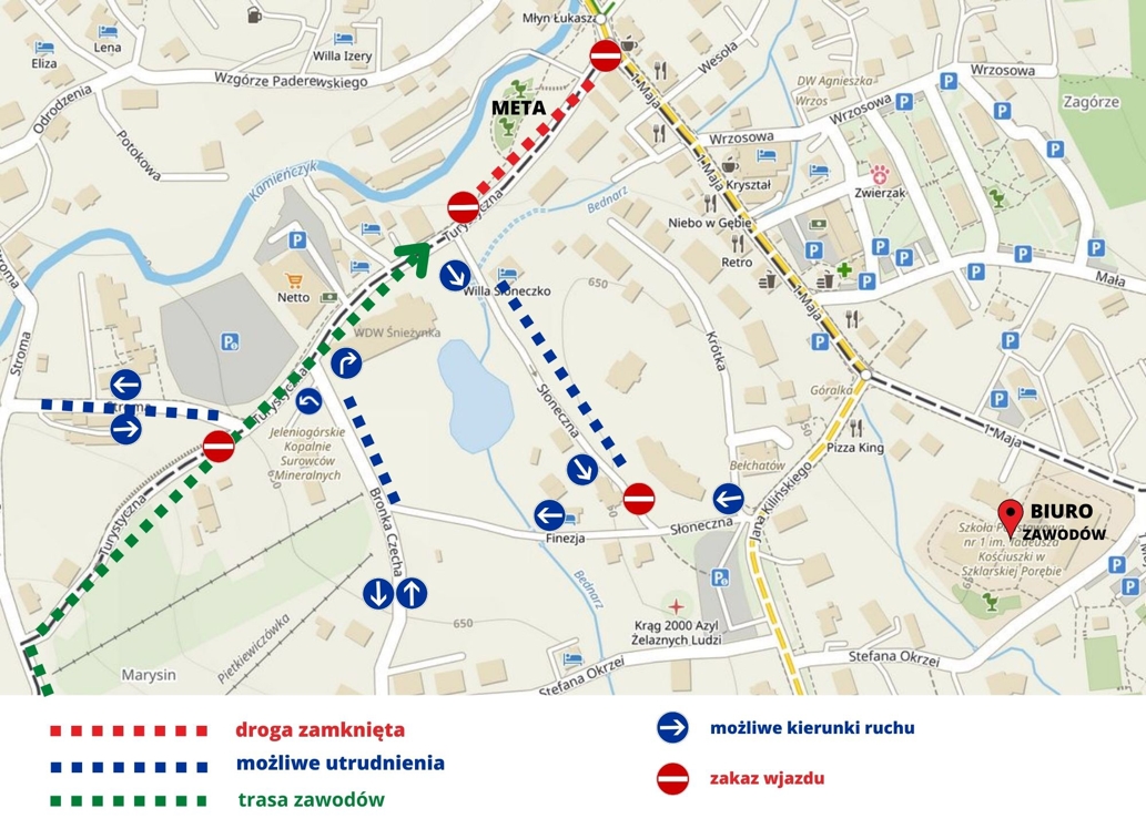 Mapa utrudnień w ruchu kołowym na ulicy Turystycznej w Szklarskiej Porębie 8 i 9 października '22 podczas zawodów UltraKotlina