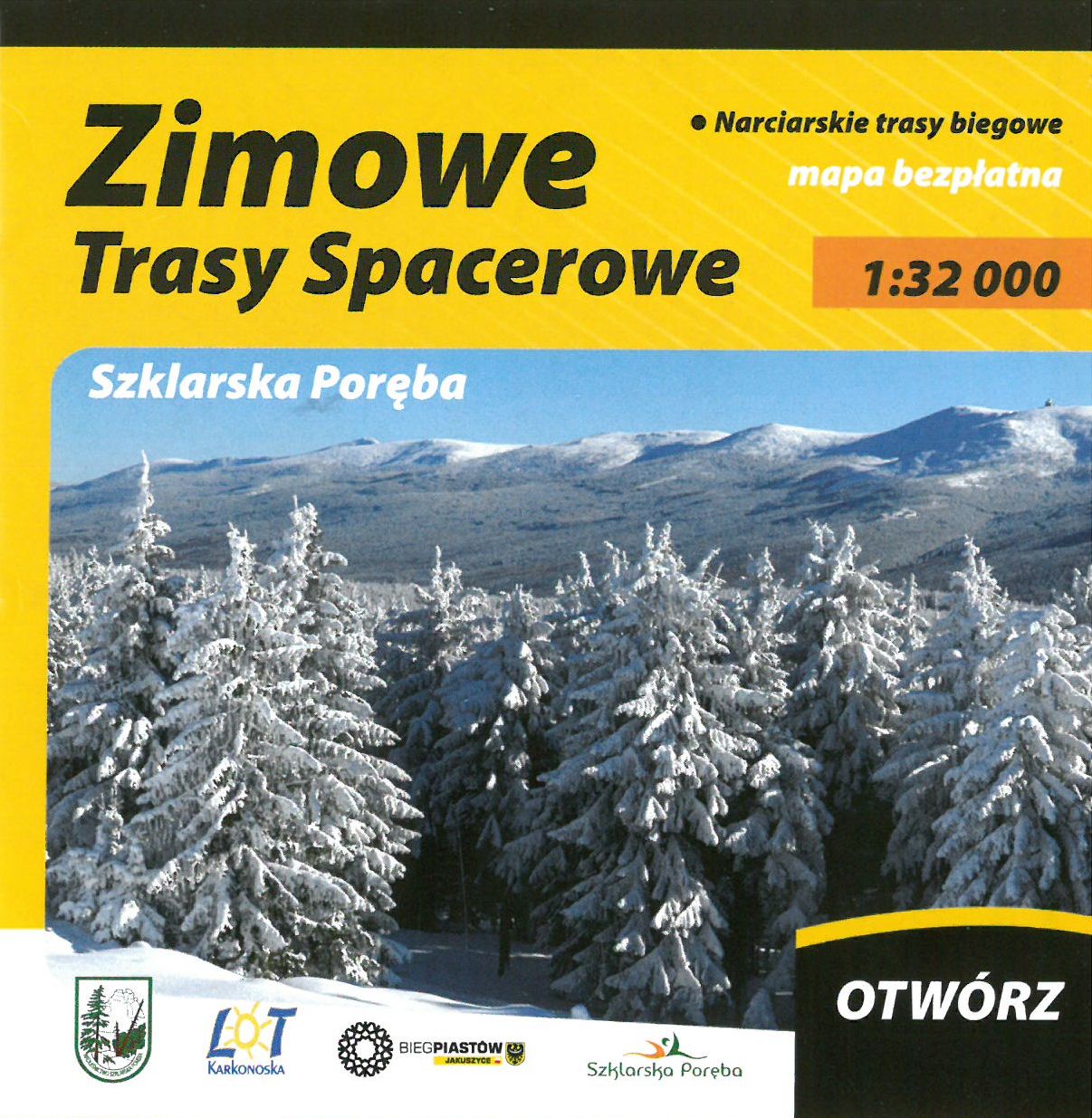 Okładka mapy ZIMOWE TRASY SPACEROWE przedstawiająca Karkonosze w zimowej szacie i ozdobne elementy graficzne