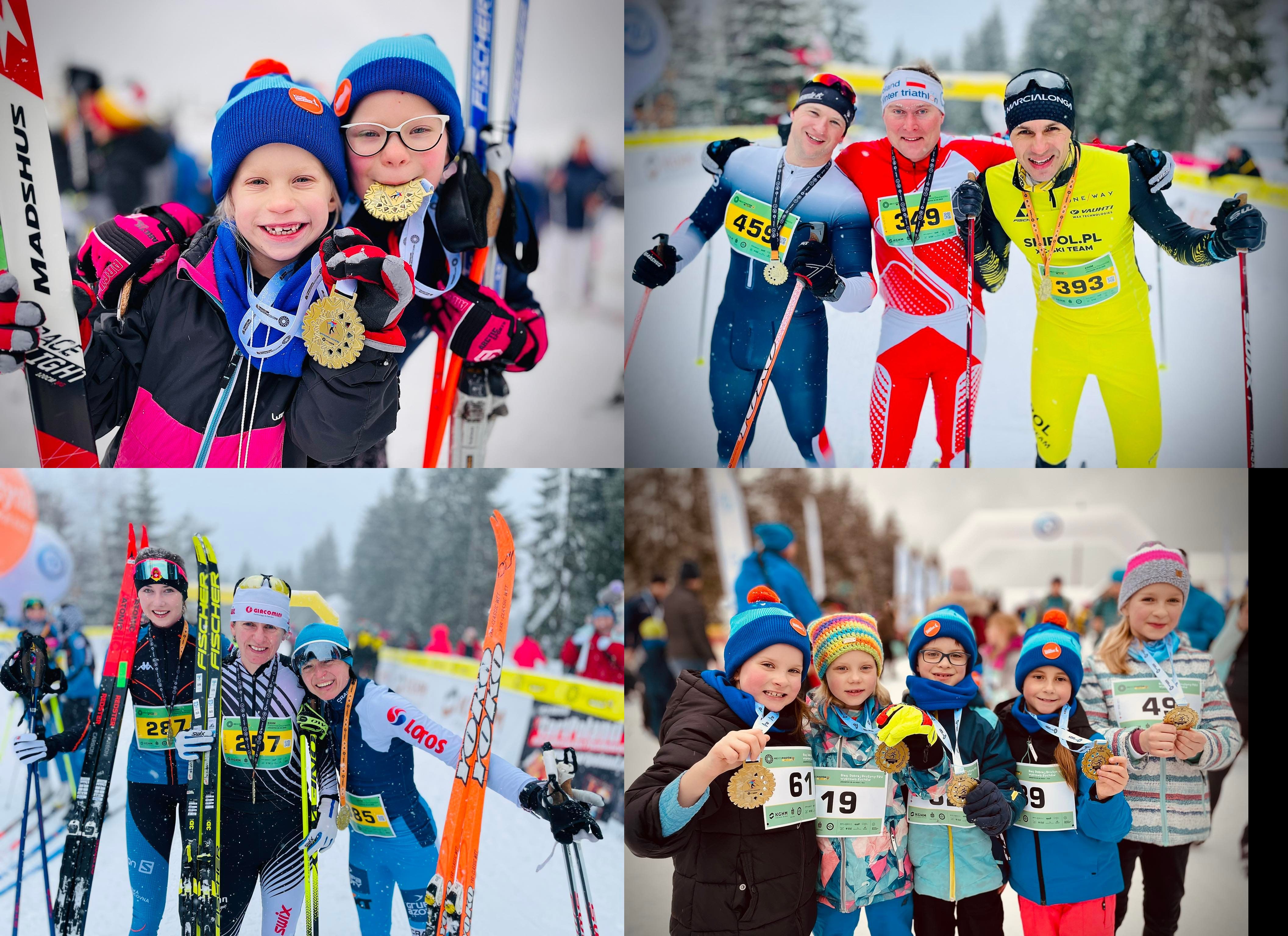 Dzieci i dorośli biegacze narciarscy na mecie pierwszego dnia biegania Biegu Piastów 22