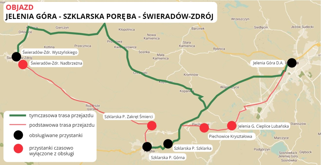 Połączenie autokarowe Głogów-Świeradów przez Szklarską Porębę - tymczasowa trasa