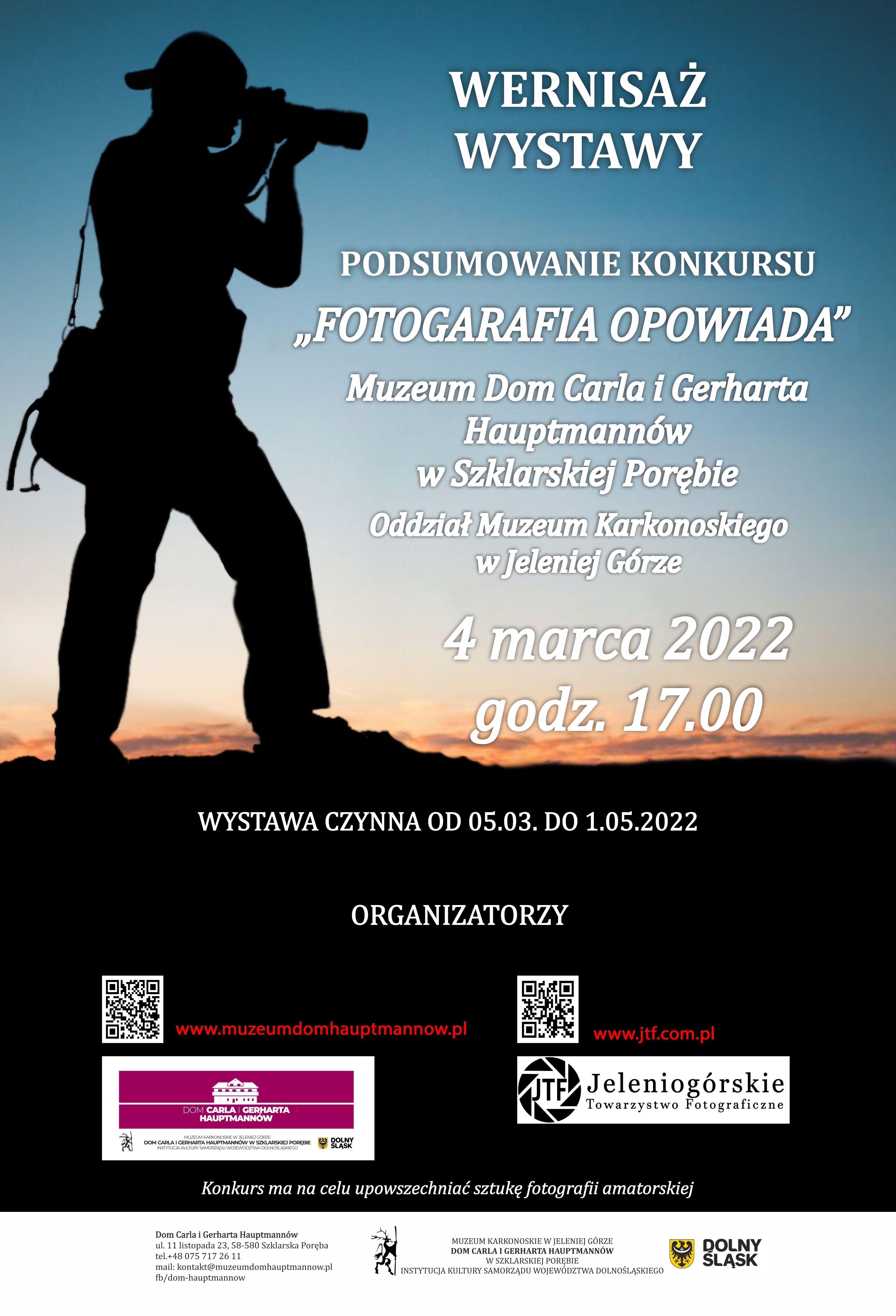 Plakat-zaproszenie na wernisaż wystawy fotograficznej do Muzeum Karkonoskiego w Szklarskiej Porębie 4 marca 2022 roku o godzinie 17