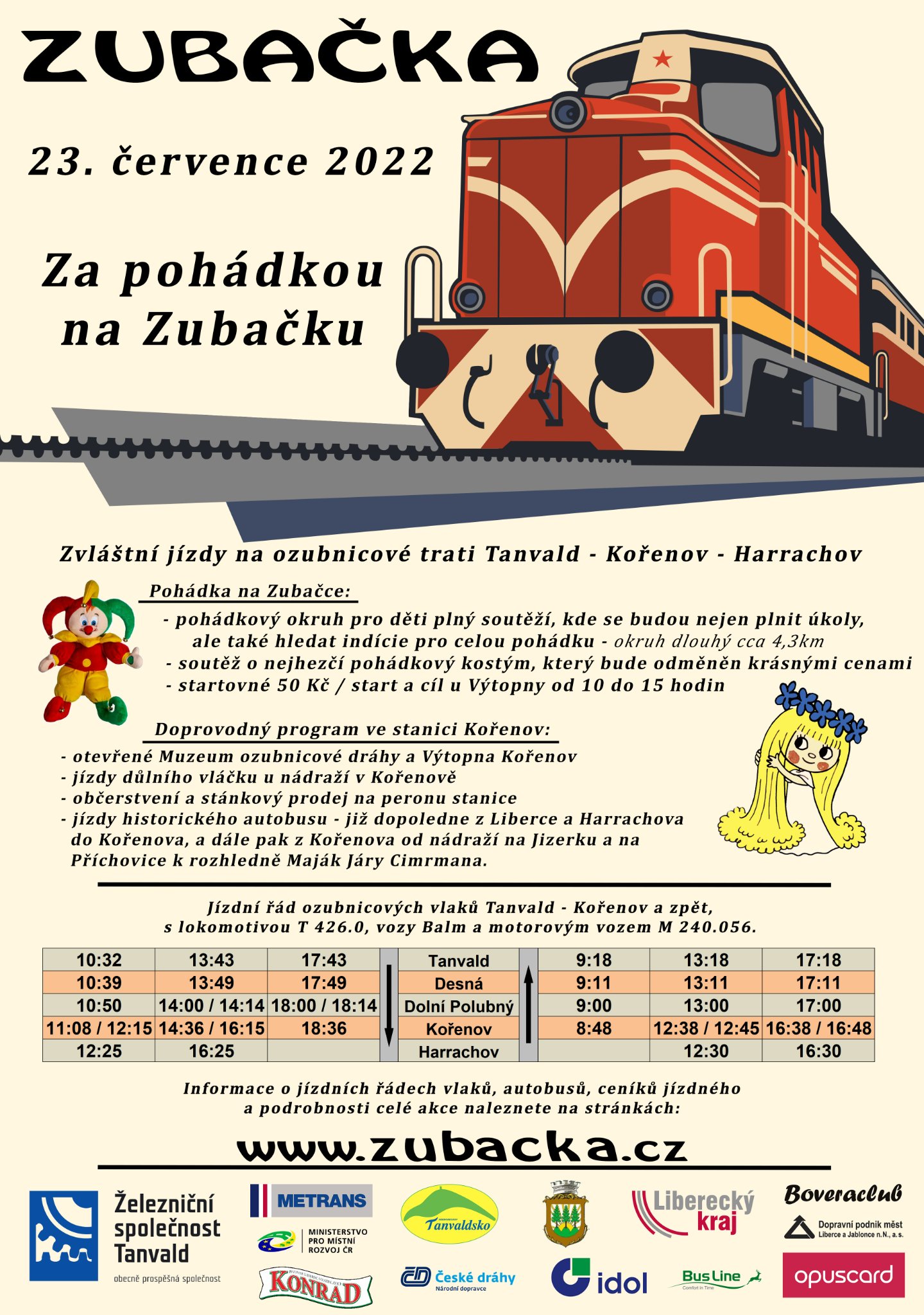 przejazdy zabytkowym pociągiem na zębatej trasie kolejowej Kolei Izerskiej na odcinku Tanvald↔Kořenov i zabytkowych autobusów, w sobotę 23 lipca